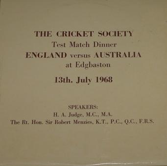 H.A. Judge, M.C., M.A., Robert Menzies (2) - The Cricket Society Test Match Dinner At England Versus Australia At Edgbaston, 13th. July 1968